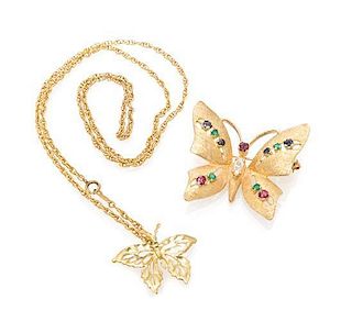 A Collection of 14 Karat Yellow Gold and Multi Gem Butterfly Motif Jewelry, 11.40 dwts.