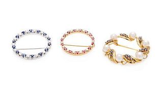 A Collection of 14 Karat Gold, Sapphire, Diamond, Ruby and Cultured Pearl Circle Brooches, 12.50 dwts.