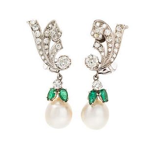 A Pair of Platinum, Diamond, Cultured Pearl and Emerald Drop Earclips, 10.30 dwts.