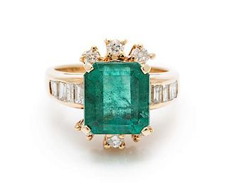 A Yellow Gold, Emerald and Diamond Ring, 5.00 dwts.