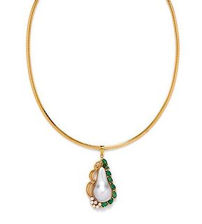 A 14 Karat Yellow Gold, Mabe Pearl, Emerald and Diamond Pendant, 14.60 dwts.