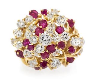A Yellow Gold, Ruby and Diamond Cluster Ring, 12.00 dwts.