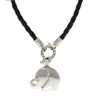 * An 18 Karat White Gold, Diamond and Leather Cord Elephant Necklace, 8.60 dwts.