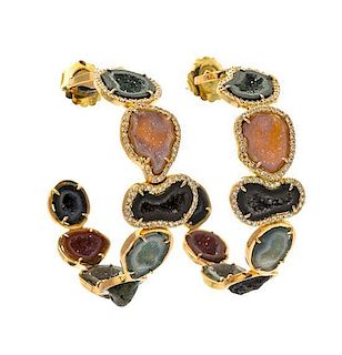 A Pair of 18 Karat Rose Gold, Multi Colored Geode and Diamond Hoop Earrings, Kimberly McDonald for Rockras, 16.64 dwts.