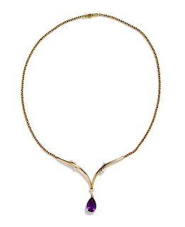 A 14 Karat Yellow Gold, Amethyst and Diamond Necklace, 7.20 dwts.
