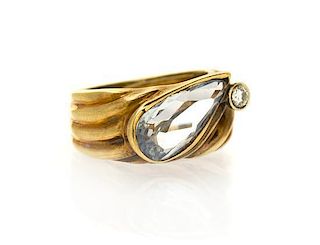 A 14 Karat Yellow Gold, Aquamarine and Diamond Ring, Milor, 4.40 dwts.
