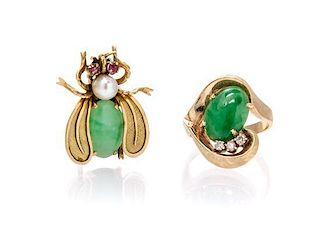 A Collection of 14 Karat Yellow Gold, Jade and Multi Gem Jewelry, 6.30 dwts.