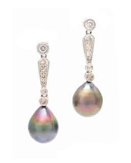 A Pair of White Gold, Cultured Tahitian Pearl and Diamond Drop Earrings, 3.20 dwts.