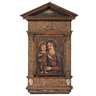 Italian Carved and Polychromed Devotional Bas-Relief of Madonna and Child