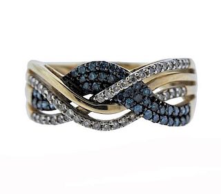 10K Gold Blue White Diamond Wave Band Ring