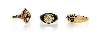 A Collection of 14 Karat Gold, Diamond and Enamel Rings, 14.30 dwts.