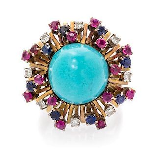 A Rose Gold, Turquoise, Sapphire, Ruby, and Diamond Ring, 7.70 dwts.