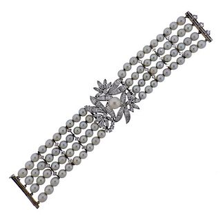 Mid Century Platinum Diamond Pearl Bracelet 