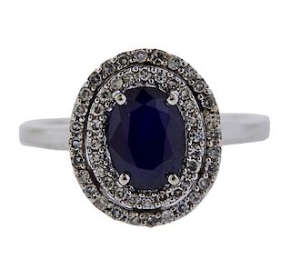 18K Gold Diamond Sapphire Double Halo Ring