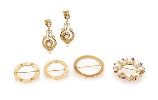 A Collection of 14 Karat Yellow Gold Seed Pearl, Ruby, and Diamond Jewelry, 16.50 dwts.