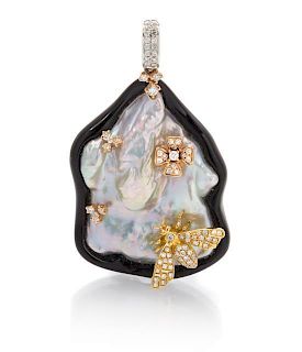 An 18 Karat Yellow, White and Rose Gold, Onyx, Pearl and Diamond Pendant, 14.80 dwts.