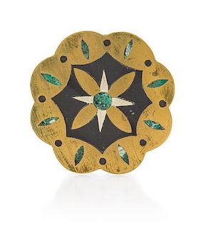 A Modernist Silver, Brass, Onyx and Turquoise Brooch, Los Castillo, Taxco, 22.80 dwts.