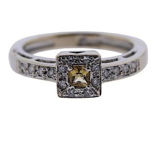 18K Gold Diamond Citrine Square Halo Ring
