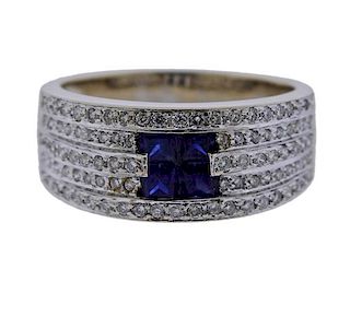 14K Gold Diamond Sapphire Multi Row Band Ring
