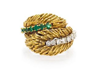An 18 Karat Yellow Gold, Diamond and Emerald Ring, 9.10 dwts.