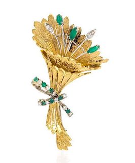 An 18 Karat Gold, Emerald and Diamond Brooch, 12.60 dwts.