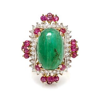 A Yellow Gold, Emerald, Ruby and Diamond Ring, 6.70 dwts.