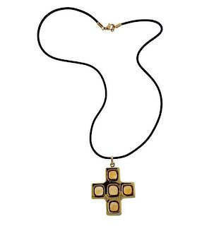 18K Gold Yellow Stone Cross Pendant Rubber Cord Necklace