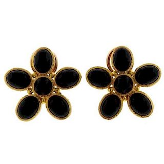 Elizabeth Locke Onyx 18k Gold Flower Earrings