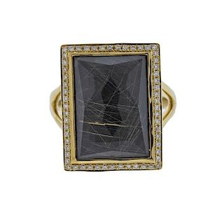 Ippolita Rutilated Quartz Hematite Diamond 18k Gold Ring 