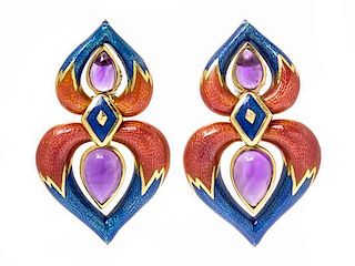 A Pair of 18 Karat Yellow Gold, Amethyst and Polychrome Enamel Earclips, Mavito, 26.40 dwts.
