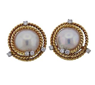 Tiffany &amp; Co Schlumberger Pearl Diamond  Gold Platinum Earrings