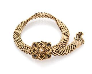 A Victorian Gold, Pearl and Enamel Slide Tassel Bracelet, 9.70 dwts.