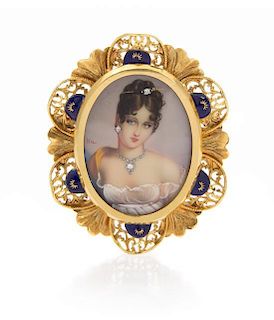 * An 18 Karat Yellow Gold and Enamel Portrait Miniature Pendant/Brooch, Corletto, 7.40 dwts.