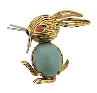 1960s 18k Gold Gemstone Rabbit Brooch Pin