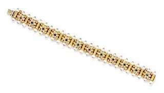 An 18 Karat Yellow Gold, Cultured Pearl, Simulated Diamond, and Multi Gem Bracelet, 26.90 dwts.