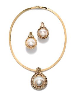 A 14 Karat Yellow Gold, Cultured Blister Pearl and Diamond Demi Parure, 43.80 dwts.
