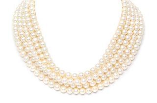A 14 Karat Yellow Gold Multi Strand Cultured Pearl Necklace,