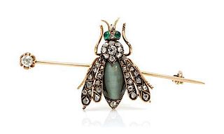 * A Victorian Yellow Gold, Cat's Eye Chrysoberyl, Diamond and Paste Insect Brooch, 8.50 dwts.