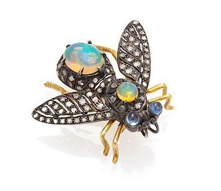 A Silver Topped Gold, Opal, Diamond, and Sapphire Insect Brooch, 4.90 dwts.