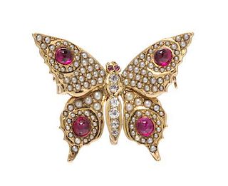 * A Yellow Gold, Pearl, Ruby and Diamond Butterfly Pendant/Brooch, 3.85 dwts.