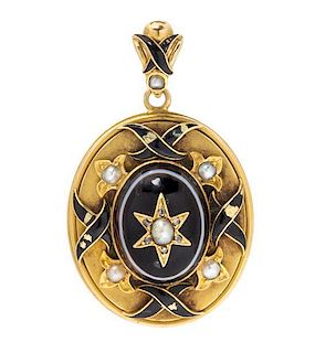 A Victorian Yellow Gold, Banded Onyx, Pearl, Diamond and Enamel Pendant, 8.00 dwts.