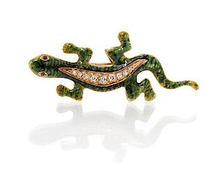 A Yellow and Rose Gold, Enamel and Diamond Lizard Brooch, Circa 1910, 5.30 dwts.