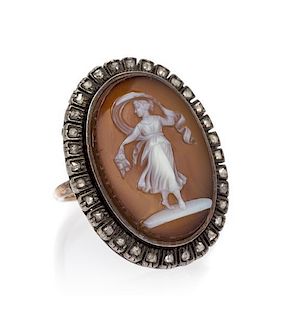 A Yellow Gold, Silver, Agate Cameo and Diamond Ring, 5.10 dwts.