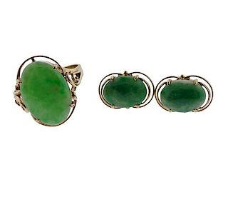 14K Gold Green Stone Ring Earrings Set