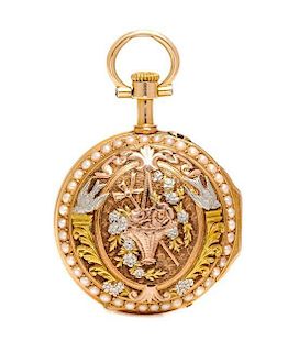 A Tricolor 18 Karat Gold and Seed Pearl Pendant Watch, C. Perrier, Circa 1891, 11.10 dwts.