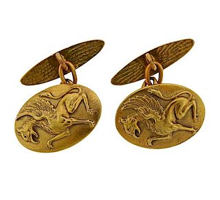 Art Nouveau 14k Gold Griffin Oval Cufflinks