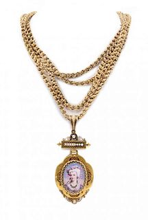 * A Victorian Enamel and Seed Pearl Portrait Miniature Pendant/Brooch and Longchain Necklace, 60.30 dwts.