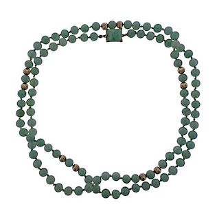 14K Gold Jade Bead Long Necklace