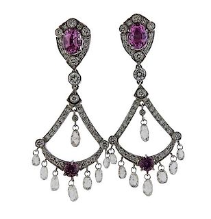 Platinum Diamond Pink Gemstone Chandelier Earrings 