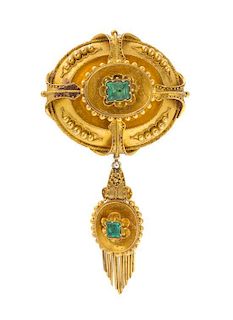 An Etruscan Revival Yellow Gold and Emerald Brooch, 10.50 dwts